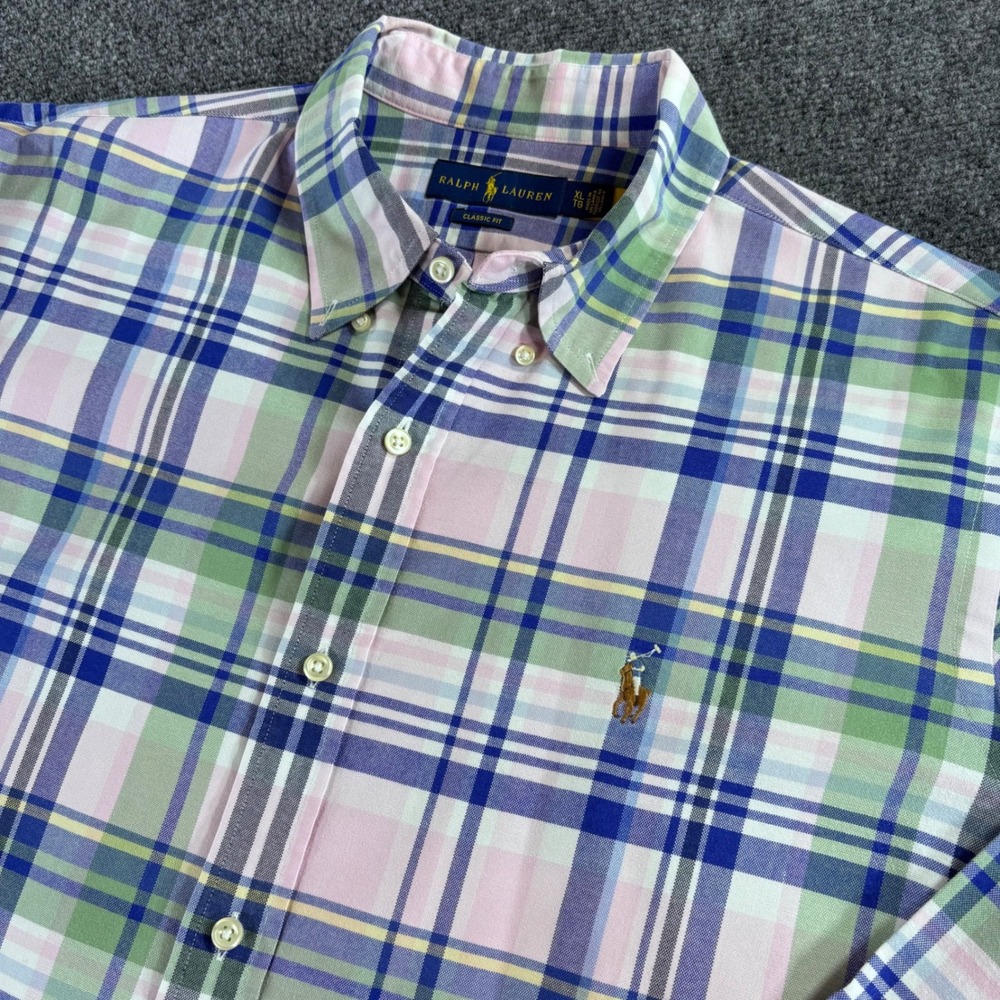 Ralph Lauren Button Down Mens XL Pink Green Blue Plaid Classic Fit Flesh Pony